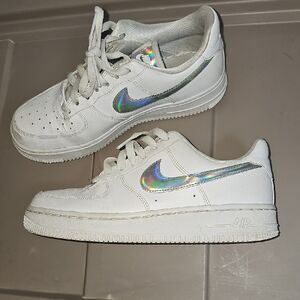 White Sneakers with Holographic Swoosh
